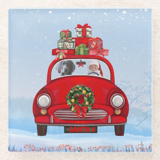Posavasos De Vidrio Perro Weimaraner En Coche Con Santa Claus (Anverso)