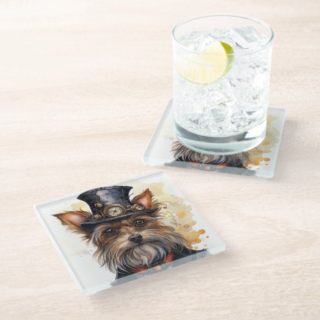 Posavasos De Vidrio Perro Yorkshire Terrier Steampunk (Angular)