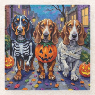 Posavasos De Vidrio Perros Basset Hound pidiendo dulces en Halloween 