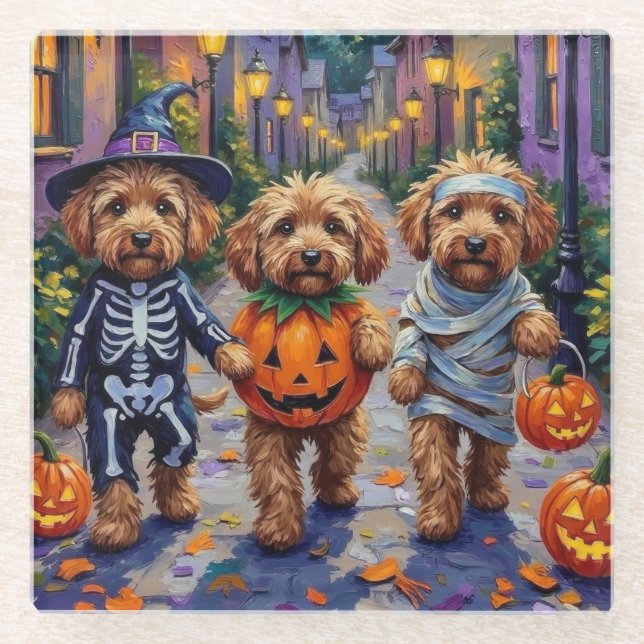 Posavasos De Vidrio Perros Cockapoo disfrazados para Halloween (Anverso)
