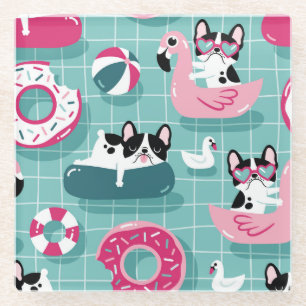 Posavasos De Vidrio Perros con flotadores de piscina, patrón vintage.
