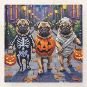 Posavasos De Vidrio Perros Pug Trick-or-Treating con disfraces de Hall