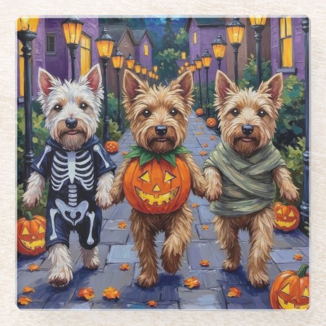 Posavasos De Vidrio Perros Terrier De Ruedas En Cotumes De Halloween (Anverso)