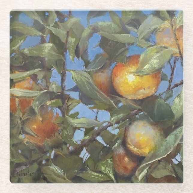 Posavasos De Vidrio Persimmon Fruit Tree Hermosa Pintura Original (Anverso)