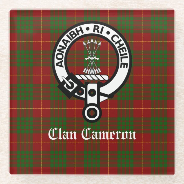 Posavasos De Vidrio Personalizable Clan Cameron Escudo Badge & Tartan (Anverso)