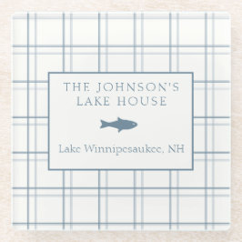 Posavasos De Vidrio Personalizable clásico Plaid Lake House Blue Fish