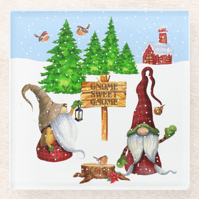 Posavasos De Vidrio Personalizable Hogar Sweet Home Gnome Winter Scene (Anverso)