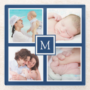 Posavasos De Vidrio Personalizado 4 Collage de fotos Monograma Azul