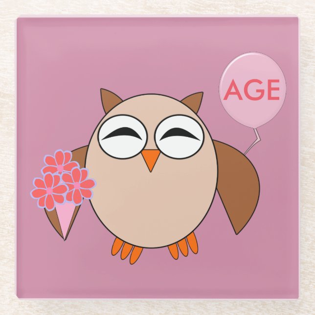 Posavasos De Vidrio Personalizado Age Birthday Owl Glass Coaster (Anverso)