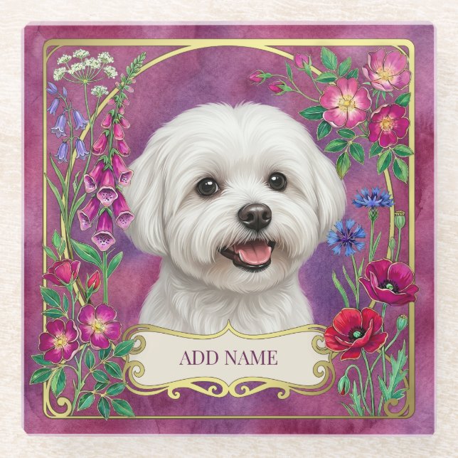 Posavasos de vidrio personalizado con perro maltés (Anverso)