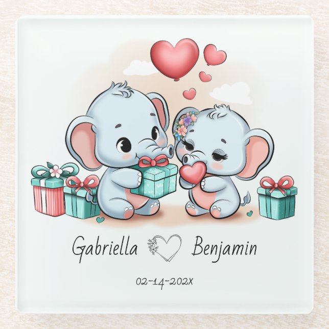 Posavasos De Vidrio Personalizado Cute Elephant Lover Día de San Valen (Anverso)