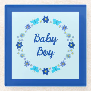Posavasos De Vidrio Personalizado de mariposas y flores Blue Baby Boy