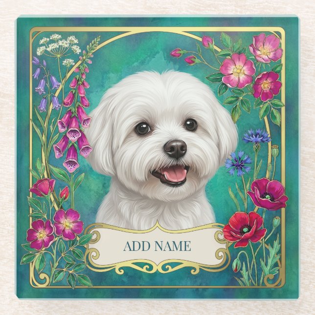Posavasos de vidrio personalizado de perro maltés  (Anverso)