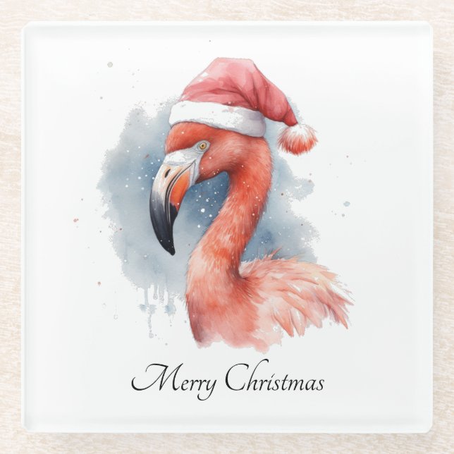 Posavasos De Vidrio Personalizado de Santa Claus Snowbird Flamingo (Anverso)