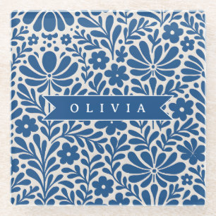 Posavasos De Vidrio Personalizado Floral Folclórico Azul Nórdico Perso