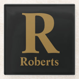 Posavasos De Vidrio Personalizado Gold Inicial/Nombre/Familia En Negro