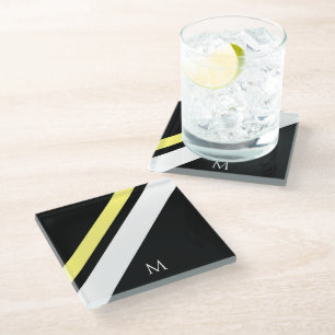 Posavasos De Vidrio Personalizado líneas diagonales iniciales negro