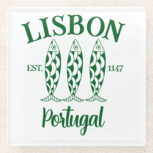 Posavasos De Vidrio Personalizado Lisboa Portugal Texto verde