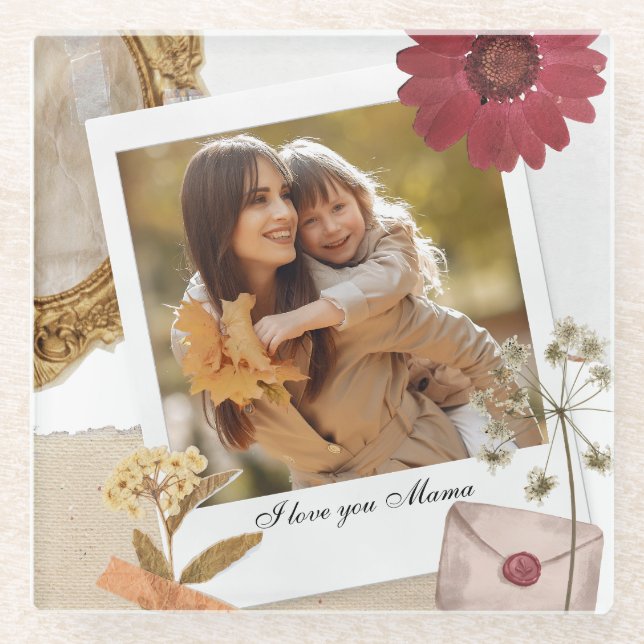 Posavasos De Vidrio Personalizado moderno te amo foto de mamá (Anverso)