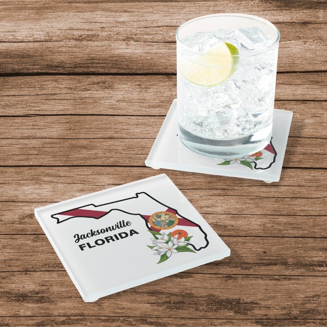 Posavasos De Vidrio Personalizado Texto Bandera de Florida y Flor Nara (Subido por el creador)