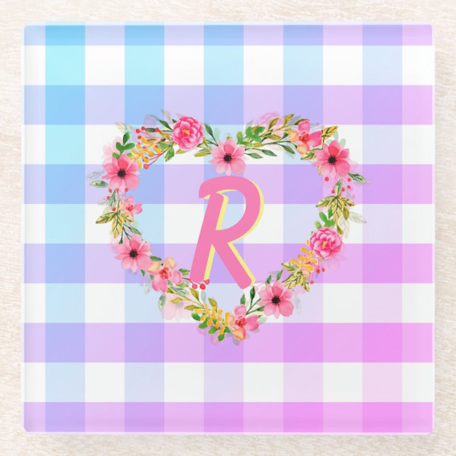 Posavasos De Vidrio Personalizado Texto/ Pastel Gingham Floral Corazón (Anverso)