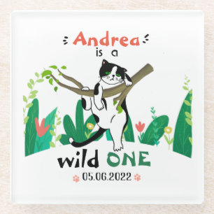 Posavasos De Vidrio Personalizado Wild One Tuxedo Kitty Kids 1er cumpl