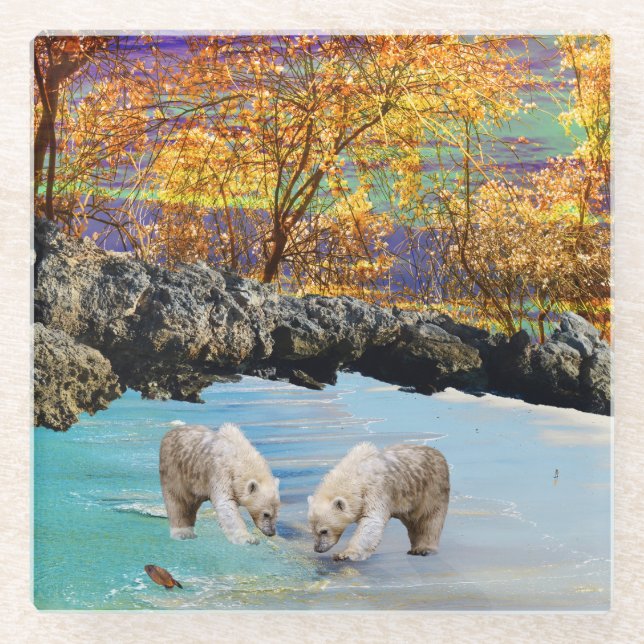 Posavasos De Vidrio Pesca de los Osos Polares, (Anverso)