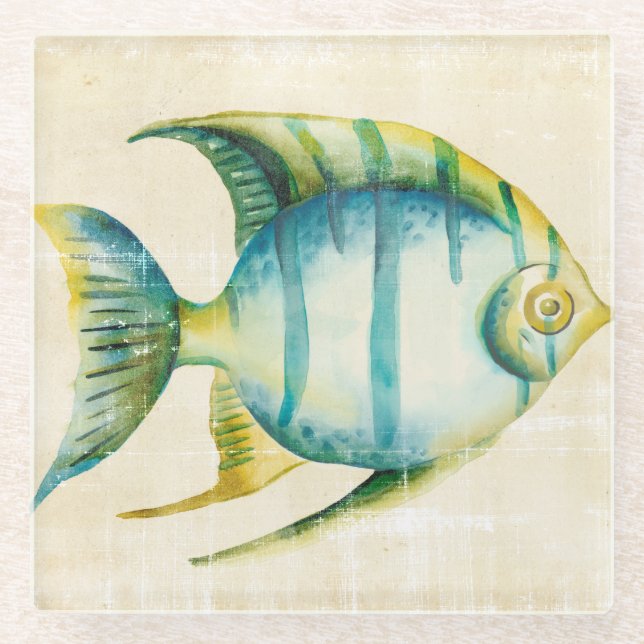Posavasos De Vidrio Pescado acuario azul y amarillo (Anverso)