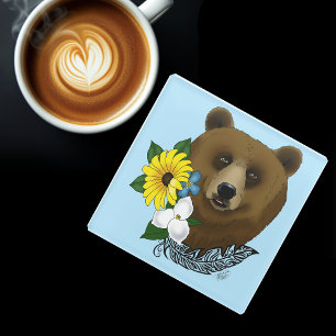 Posavasos De Vidrio Pescado de flores azules de oso marrón