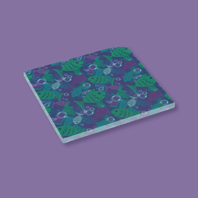 Posavasos De Vidrio Pescado y burbujas Vibrante Patrón de arrecifes (Subido por el creador)