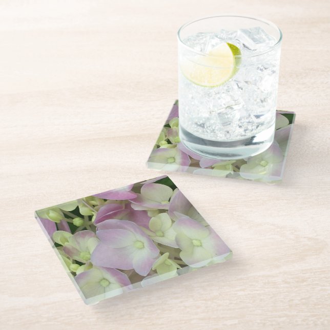 Posavasos De Vidrio Pétalos de hidrangea rosados y blancos antiguos y  (Angular)