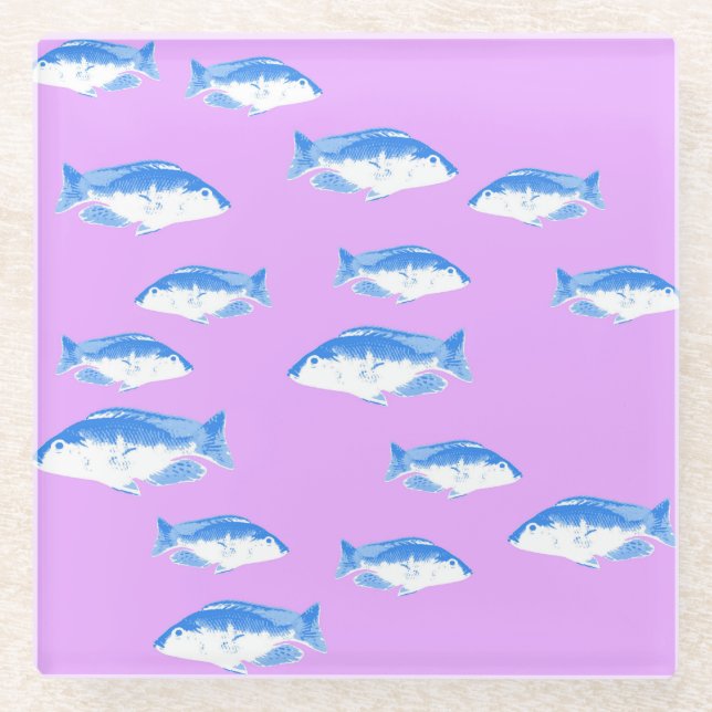 Posavasos De Vidrio Pez azul sobre lila (Anverso)