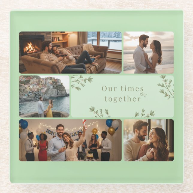 Posavasos De Vidrio Photo collage with 6 photos and custom Sage Green (Anverso)