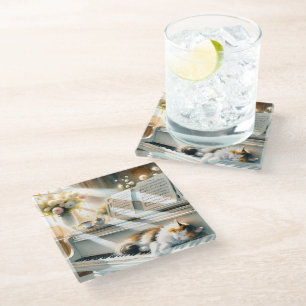 Posavasos De Vidrio Piano de Ensueño Cottagecore con Gato bajo la Luz 