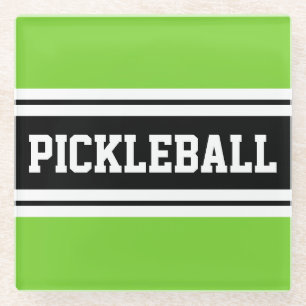 Posavasos De Vidrio PICKLEBALL Bright Lime Black White Carreras Strips