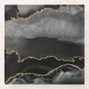 Posavasos De Vidrio Piedra negra de Purpurina dorado de color gris neg