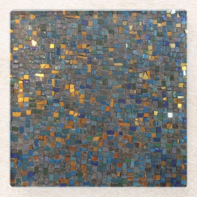 Posavasos De Vidrio Piedras de mosaico en azul y oro (Anverso)