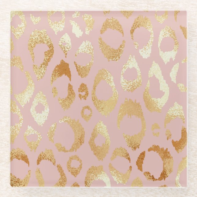 Posavasos De Vidrio Piel leopardo, textura dorada rosa (Anverso)