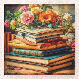 Posavasos De Vidrio Pila Antigua de Libros y Flores Vintage