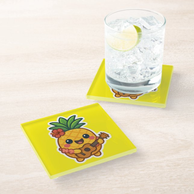 Posavasos De Vidrio Piña Kawaii sonriente - Tropical (Angular)