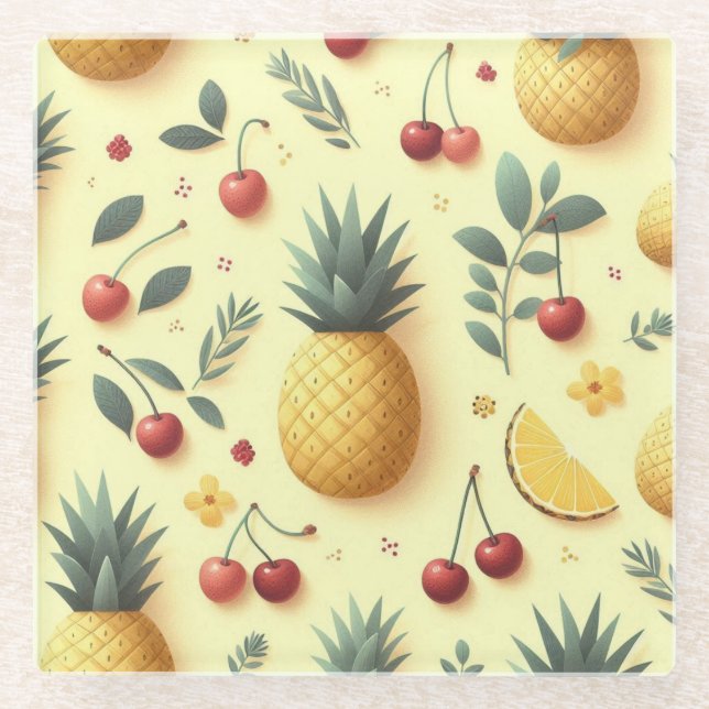 Posavasos De Vidrio Piñas y cerezas (Anverso)