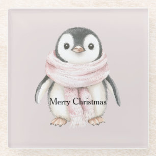 Posavasos De Vidrio Pingüino de Navidad con Bufanda Rosa