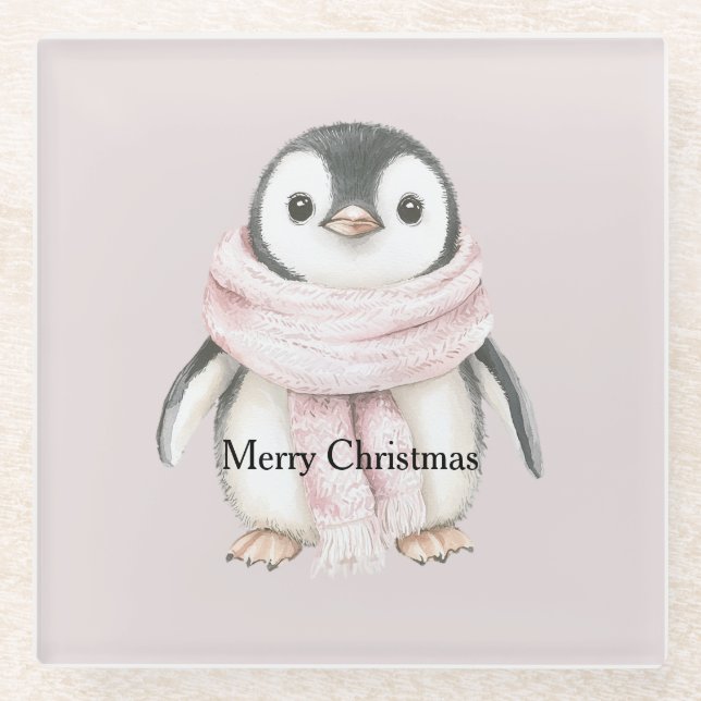 Posavasos De Vidrio Pingüino de Navidad con Bufanda Rosa (Anverso)