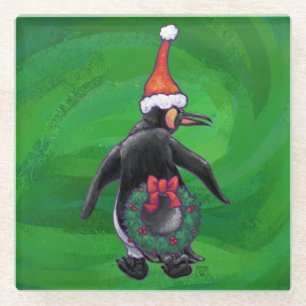 Posavasos De Vidrio Pingüino de vacaciones festivas en verde
