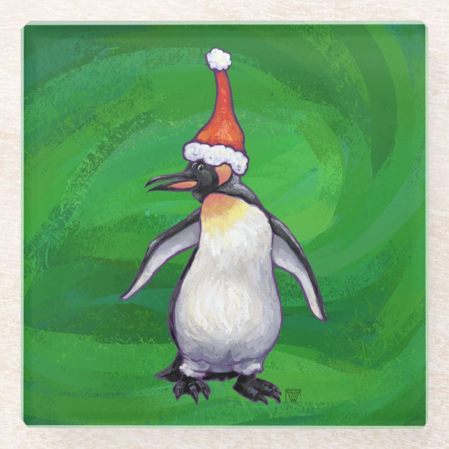 Posavasos De Vidrio Pingüino lindo en Sombrero de Santa (Anverso)