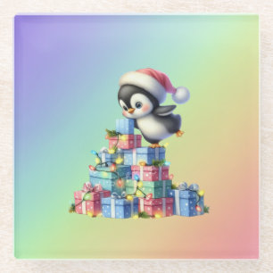 Posavasos De Vidrio Pingüino Navidad con regalo y tarjeta de luz