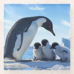 Posavasos De Vidrio Pingüinos de corte de nombre personalizado