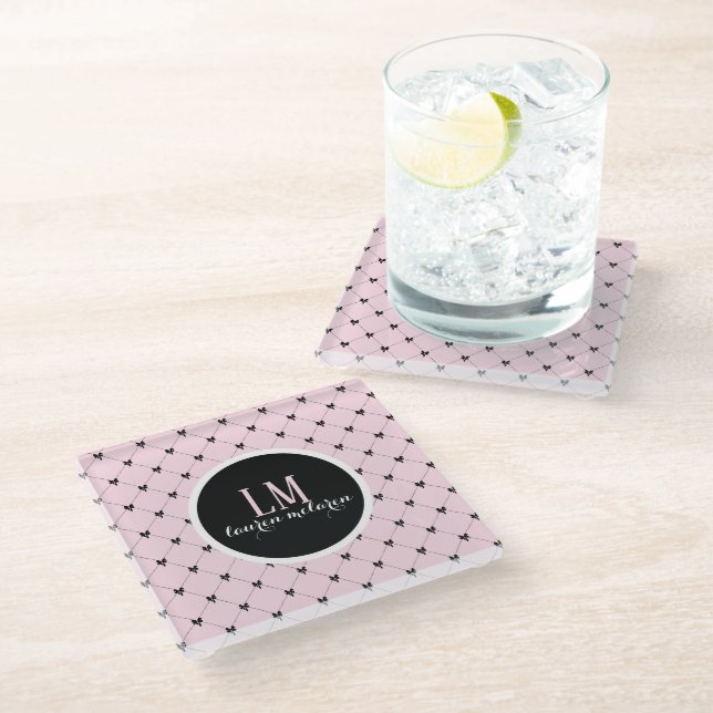 Posavasos De Vidrio Pink & Black Bow Monogram (Angular)