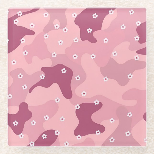 Posavasos De Vidrio Pink Burgundy White Flowers Camo Glass Coaster (Anverso)