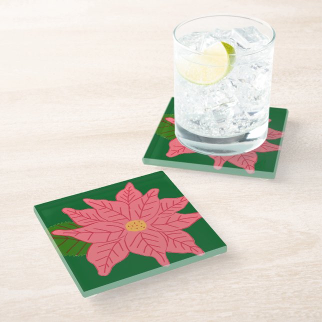 Posavasos De Vidrio Pink Christmas Poinsettia  (Angular)